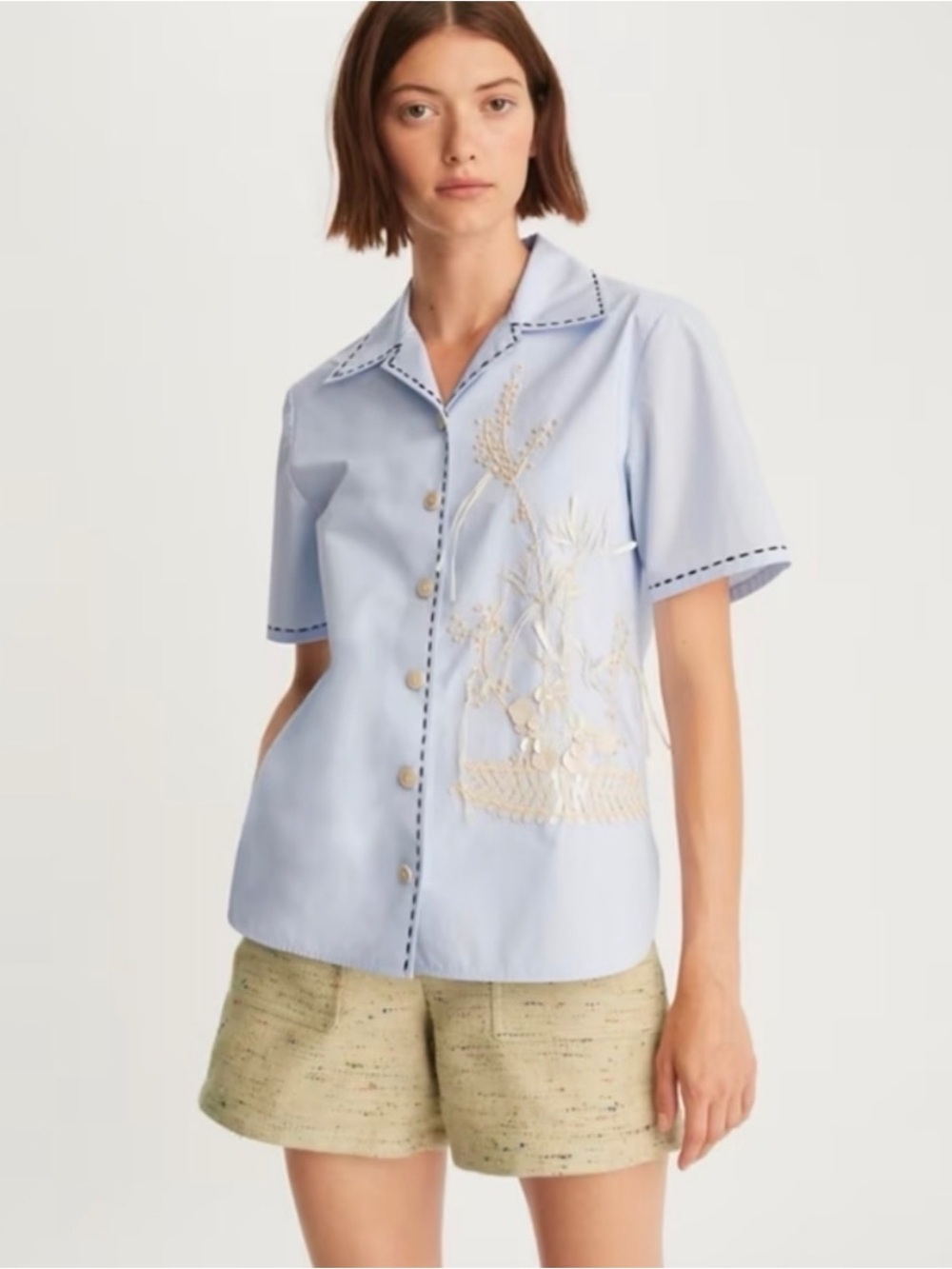 Tory Burch Embroidered Camp Shirt Light Blue Cream Size 2